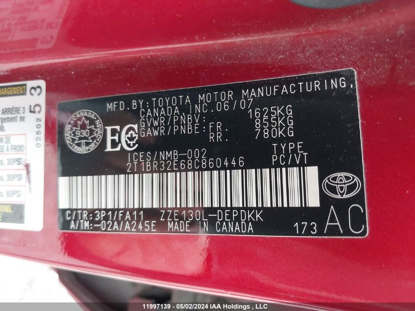 2008 Toyota Corolla Ce/Le/S VIN: 2T1BR32E68C860446 Lot: 11997139