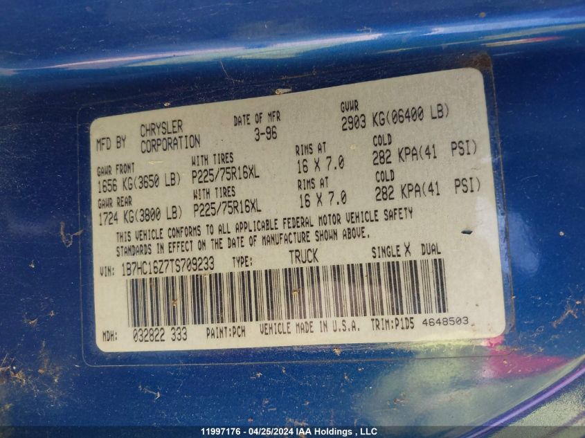 1996 Dodge Ram 1500 VIN: 1B7HC16Z7TS709233 Lot: 11997176