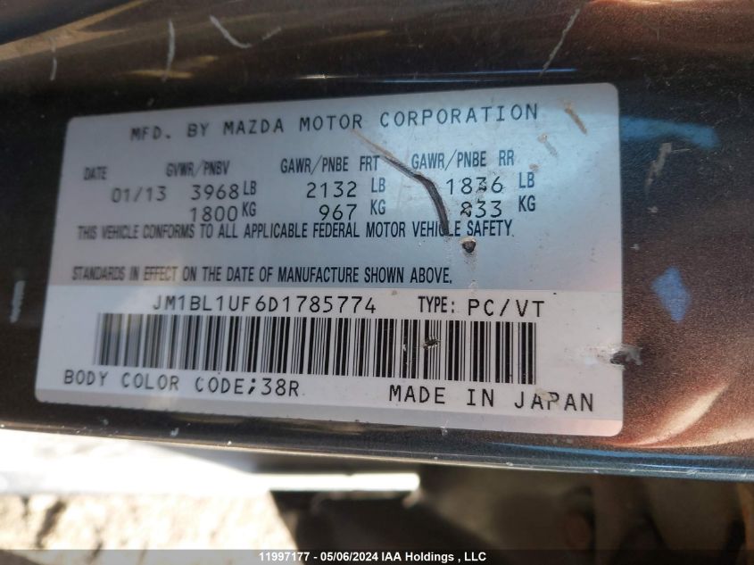 2013 Mazda Mazda3 VIN: JM1BL1UF6D1785774 Lot: 11997177