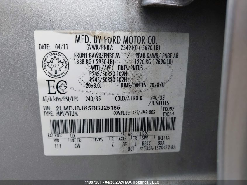 2011 Lincoln Mkx VIN: 2LMDJ8JK5BBJ25185 Lot: 11997201