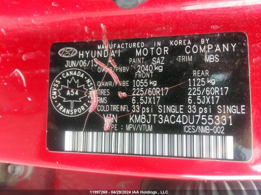 2013 Hyundai Tucson VIN: KM8JT3AC4DU755331 Lot: 11997268