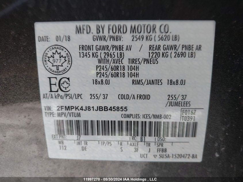 2018 Ford Edge VIN: 2FMPK4J81JBB45855 Lot: 11997270