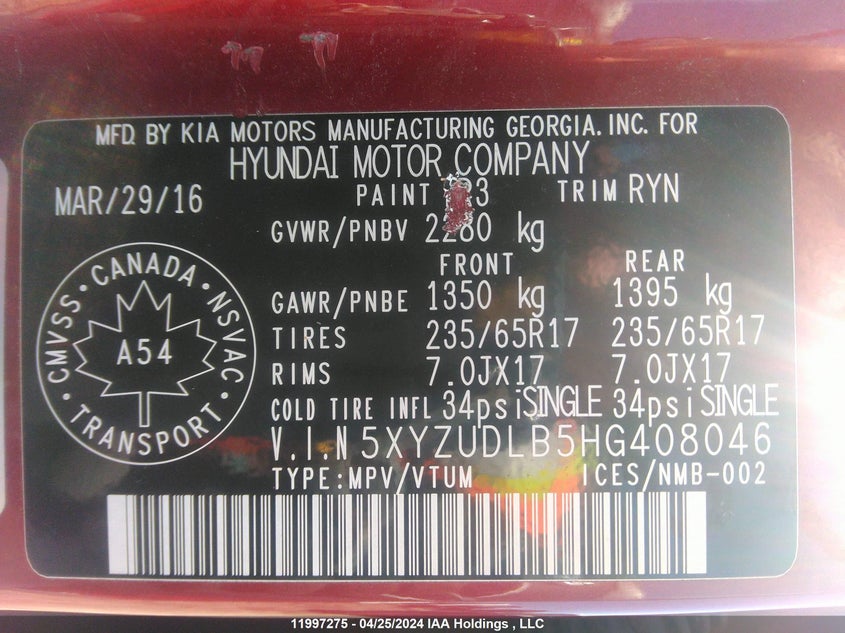 2017 Hyundai Santa Fe Sport VIN: 5XYZUDLB5HG408046 Lot: 11997275