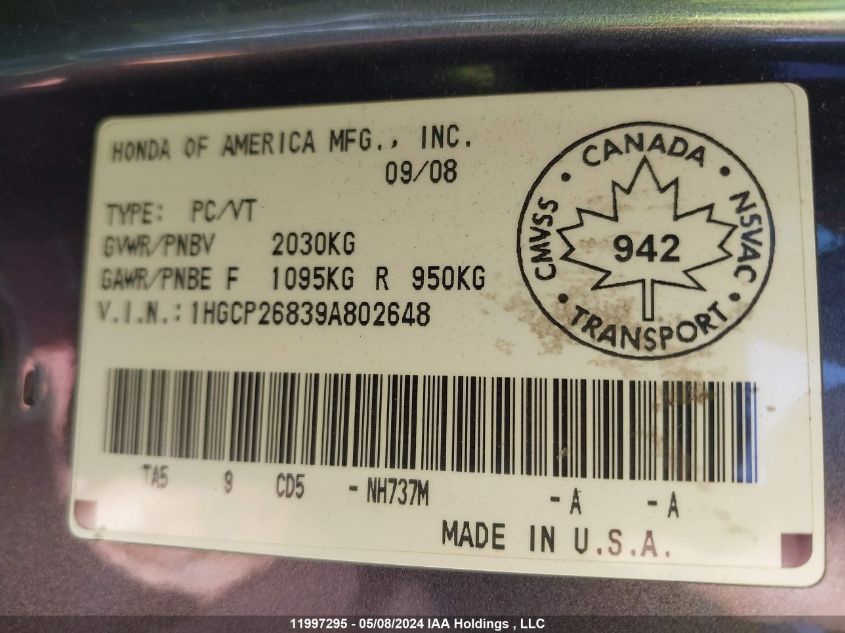 2009 Honda Accord Exl VIN: 1HGCP26839A802648 Lot: 11997295