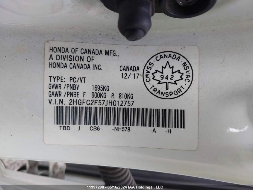 2018 Honda Civic Sedan VIN: 2HGFC2F57JH012757 Lot: 11997298