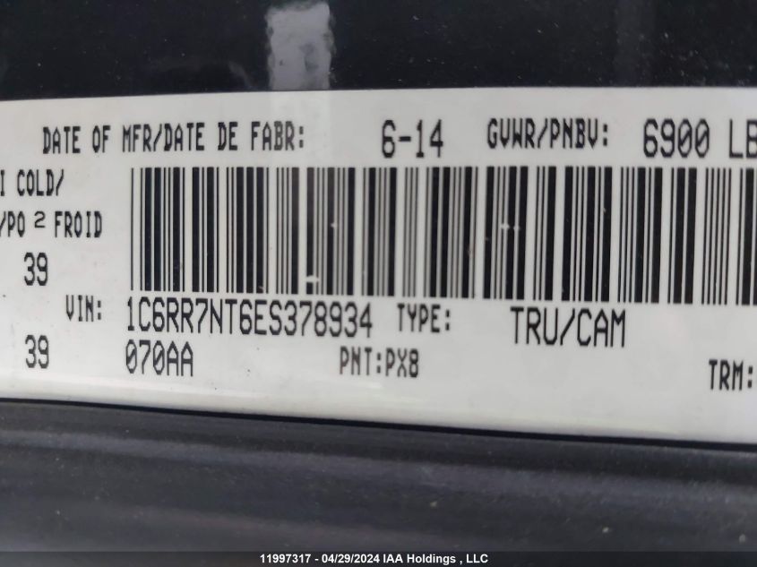 2014 Ram 1500 Laramie VIN: 1C6RR7NT6ES378934 Lot: 11997317