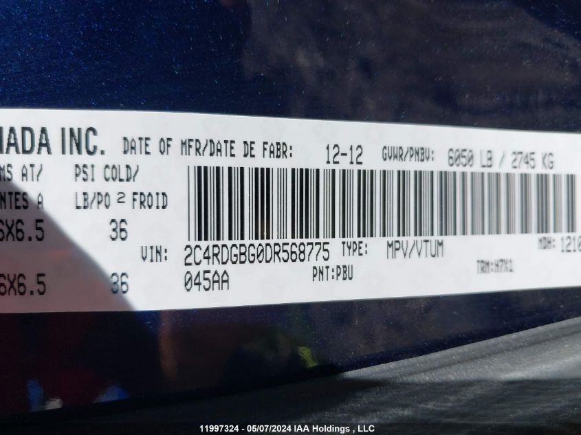 2013 Dodge Grand Caravan Se/Sxt VIN: 2C4RDGBG0DR568775 Lot: 11997324