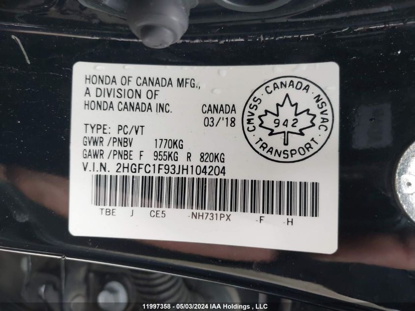 2018 Honda Civic Sedan VIN: 2HGFC1F93JH104204 Lot: 11997358