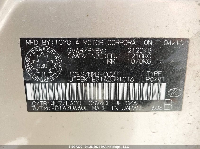 2010 Lexus Es 350 350 VIN: JTHBK1EG1A2391016 Lot: 11997370