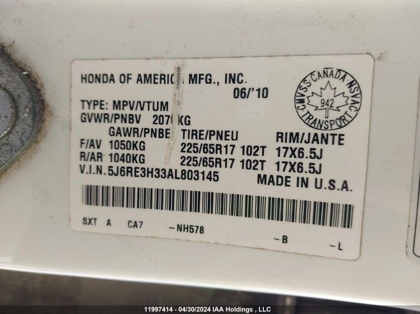 2010 Honda Cr-V VIN: 5J6RE3H33AL803145 Lot: 11997414