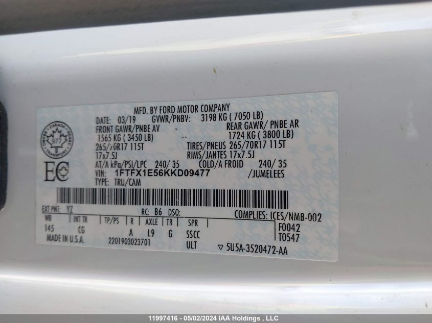 2019 Ford F150 Super Cab VIN: 1FTFX1E56KKD09477 Lot: 11997416