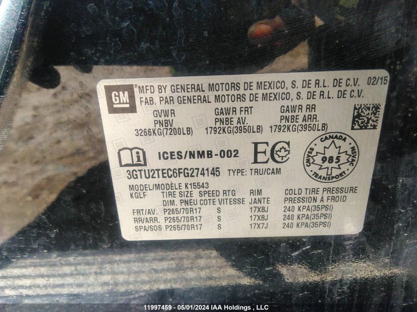 2015 GMC Sierra K1500 VIN: 3GTU2TEC6FG274145 Lot: 11997459
