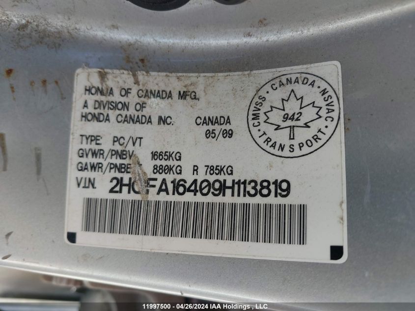 2009 Honda Civic Sdn VIN: 2HGFA16409H113819 Lot: 11997500