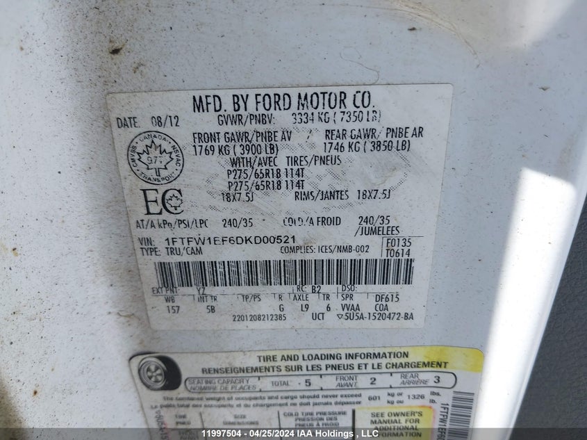 2013 Ford F150 Supercrew VIN: 1FTFW1EF6DKD00521 Lot: 11997504