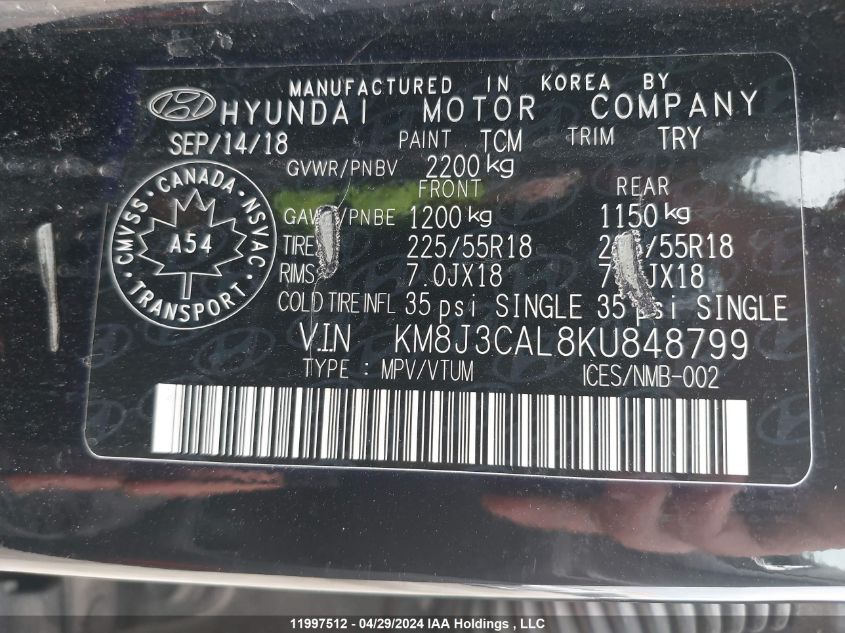 2019 Hyundai Tucson Limited/Sel/Sport/Ultimate/Value/Night VIN: KM8J3CAL8KU848799 Lot: 11997512