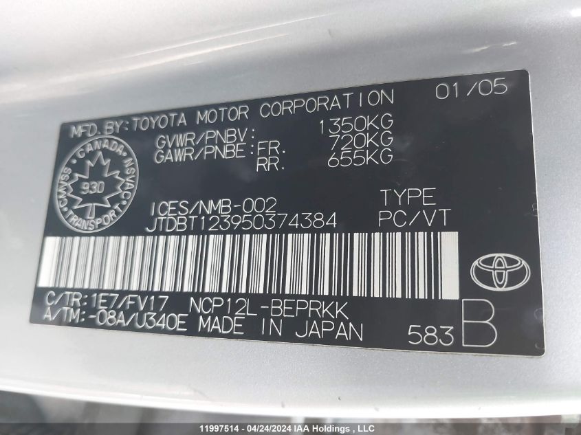 2005 Toyota Echo VIN: JTDBT123950374384 Lot: 11997514