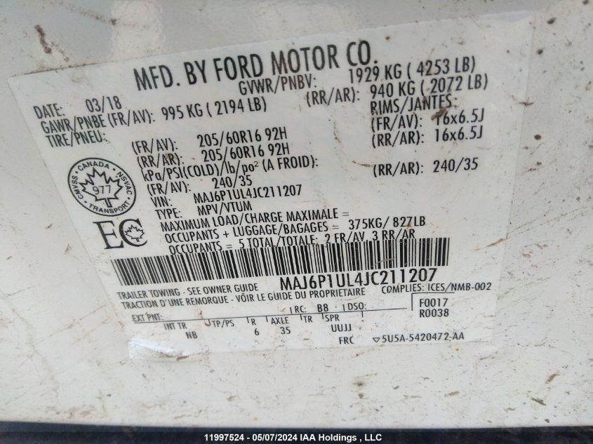 2018 Ford Ecosport Se VIN: MAJ6P1UL4JC211207 Lot: 11997524