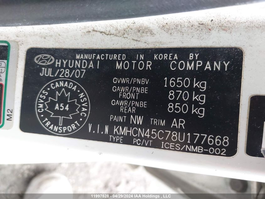 2008 Hyundai Accent Gls VIN: KMHCN45C78U177668 Lot: 11997528