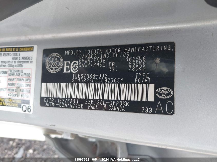 2005 Toyota Corolla Ce/Le/Sport VIN: 2T1BR32E05C923651 Lot: 11997552
