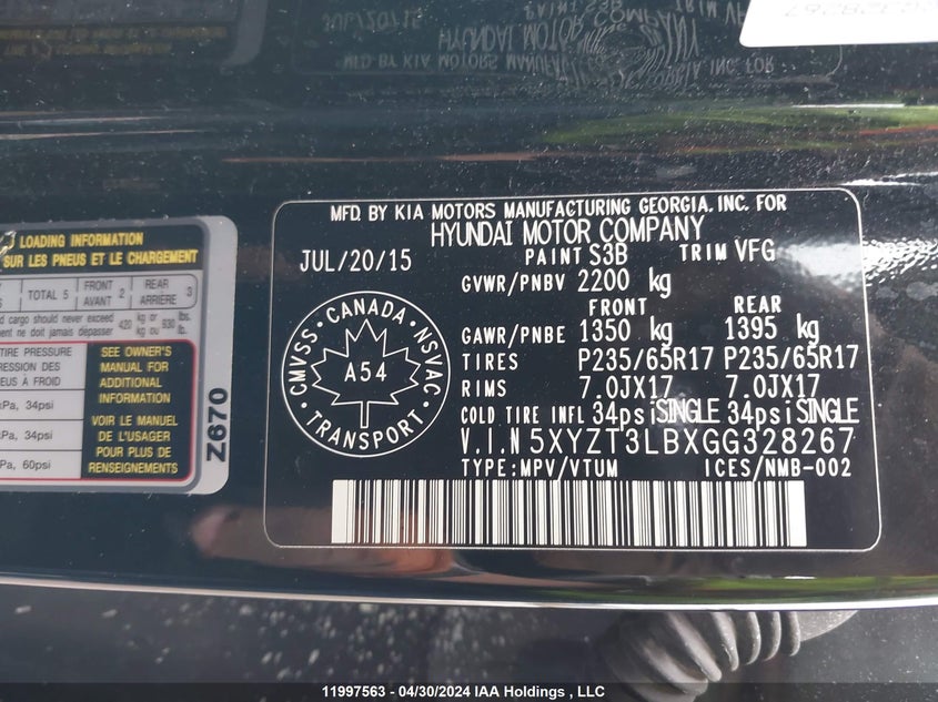 2016 Hyundai Santa Fe Sport VIN: 5XYZT3LBXGG328267 Lot: 11997563