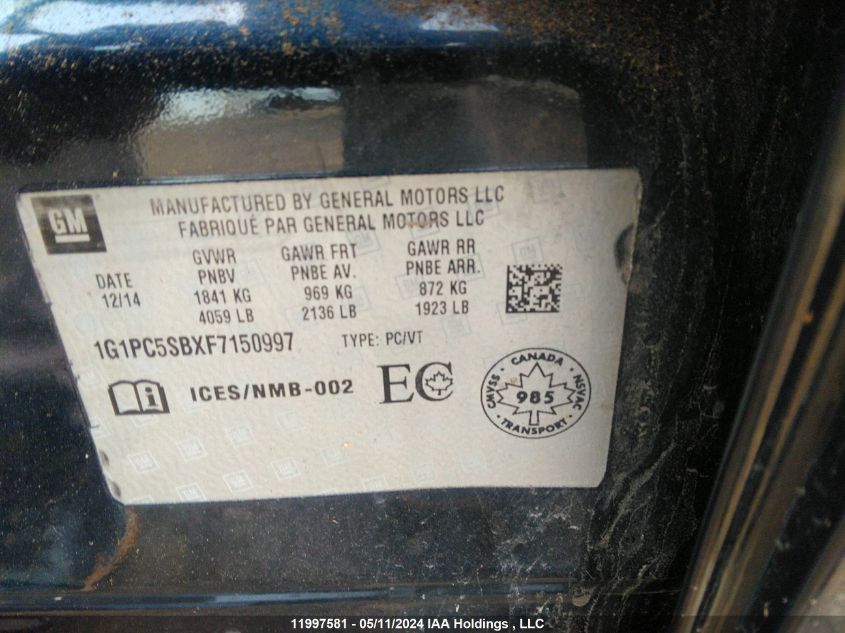 2015 Chevrolet Cruze VIN: 1G1PC5SBXF7150997 Lot: 11997581