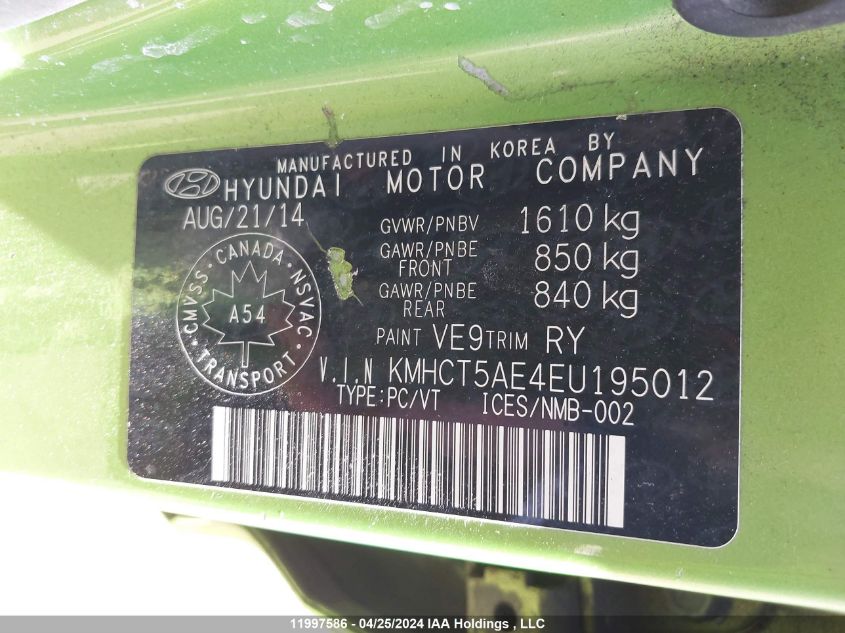 2014 Hyundai Accent Gls/Gs VIN: KMHCT5AE4EU195012 Lot: 11997586