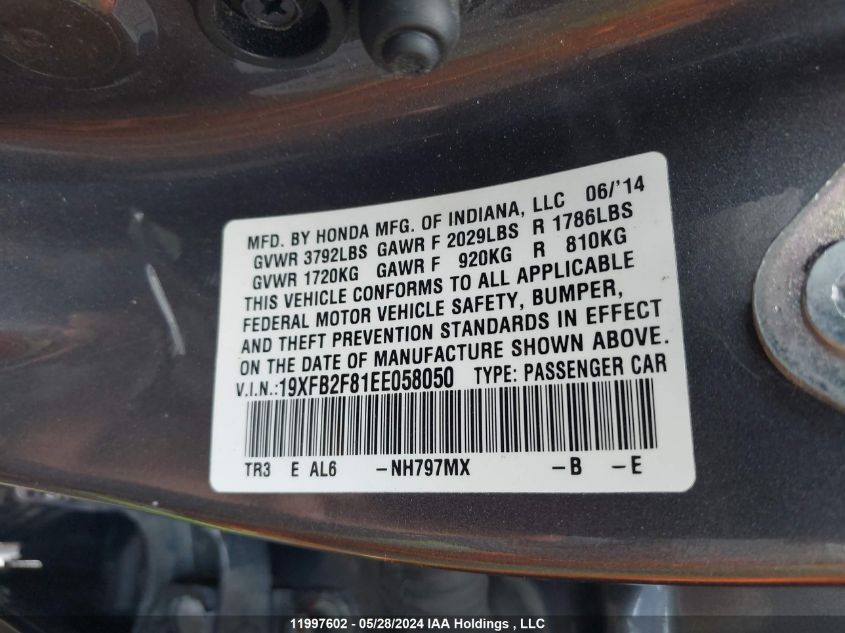 2014 Honda Civic Ex VIN: 19XFB2F81EE058050 Lot: 11997602