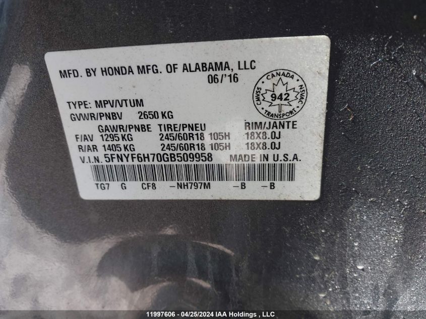 2016 Honda Pilot VIN: 5FNYF6H70GB509958 Lot: 11997606