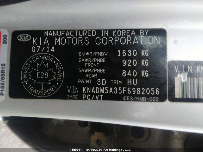 2015 Kia Rio VIN: KNADM5A35F6982056 Lot: 11997611