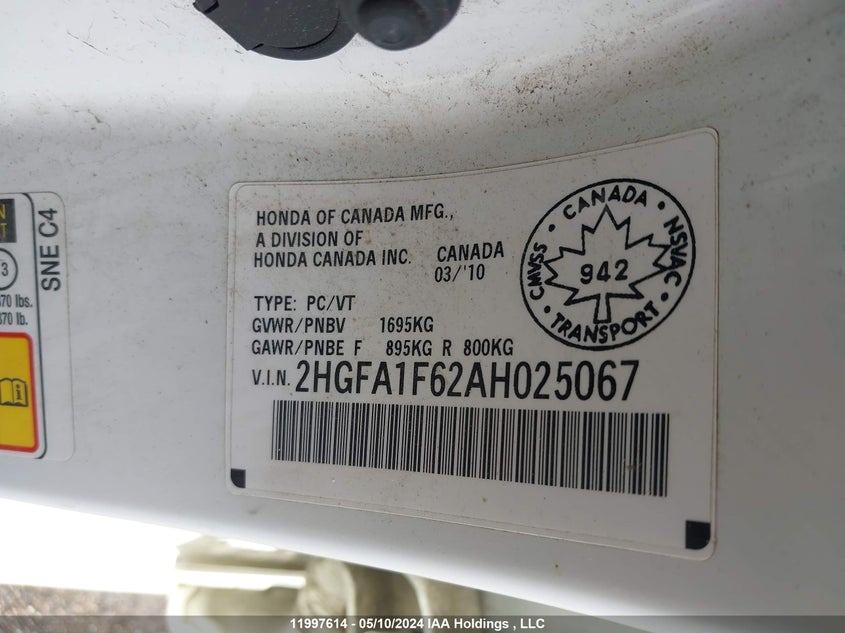 2010 Honda Civic Sdn VIN: 2HGFA1F62AH025067 Lot: 11997614