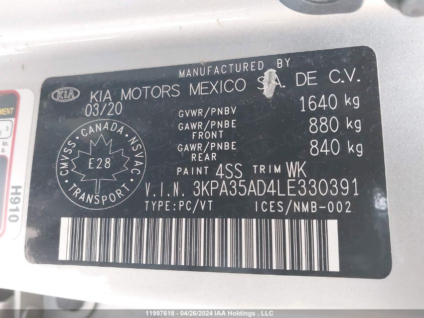 2020 Kia Rio 5-Door VIN: 3KPA35AD4LE330391 Lot: 11997618