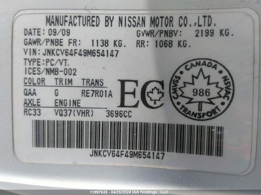 2009 Infiniti G37 VIN: JNKCV64F49M654147 Lot: 11997635