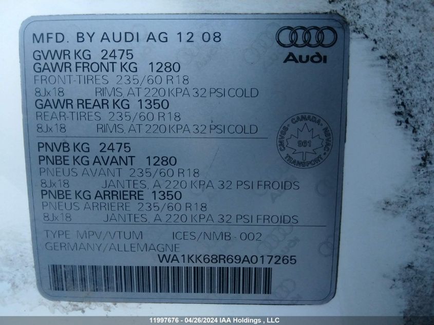 2009 Audi Q5 3.2 VIN: WA1KK68R69A017265 Lot: 11997676