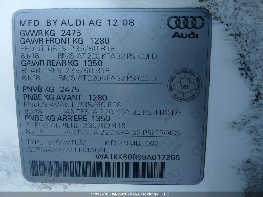 2009 Audi Q5 3.2 VIN: WA1KK68R69A017265 Lot: 11997676