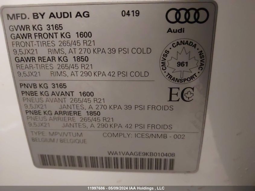 2019 Audi E-Tron Prestige VIN: WA1VAAGE9KB010408 Lot: 11997686