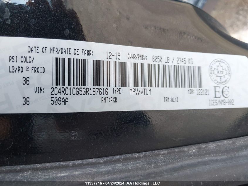 2016 Chrysler Town & Country Touring-L VIN: 2C4RC1CG5GR197616 Lot: 11997716