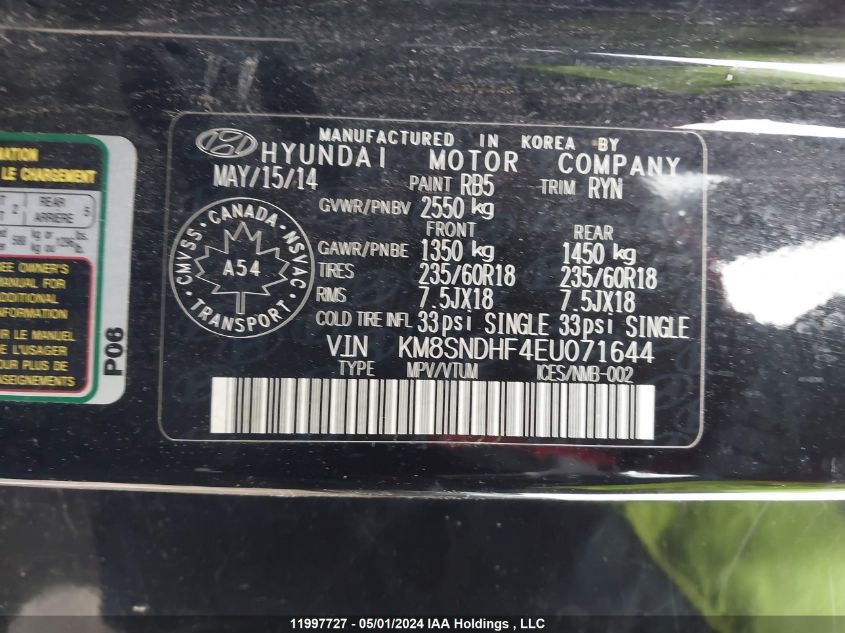 2014 Hyundai Santa Fe Xl Luxury VIN: KM8SNDHF4EU071644 Lot: 11997727