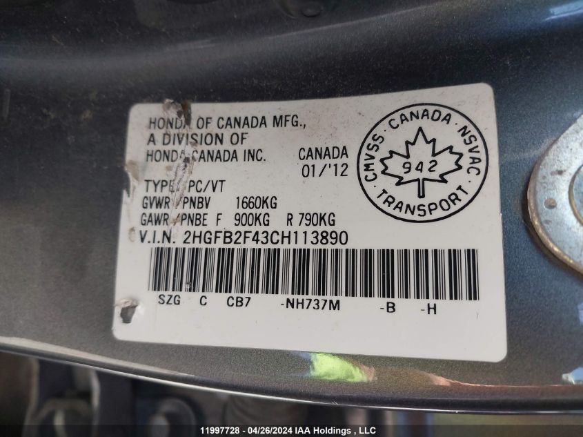 2012 Honda Civic Sdn VIN: 2HGFB2F43CH113890 Lot: 11997728