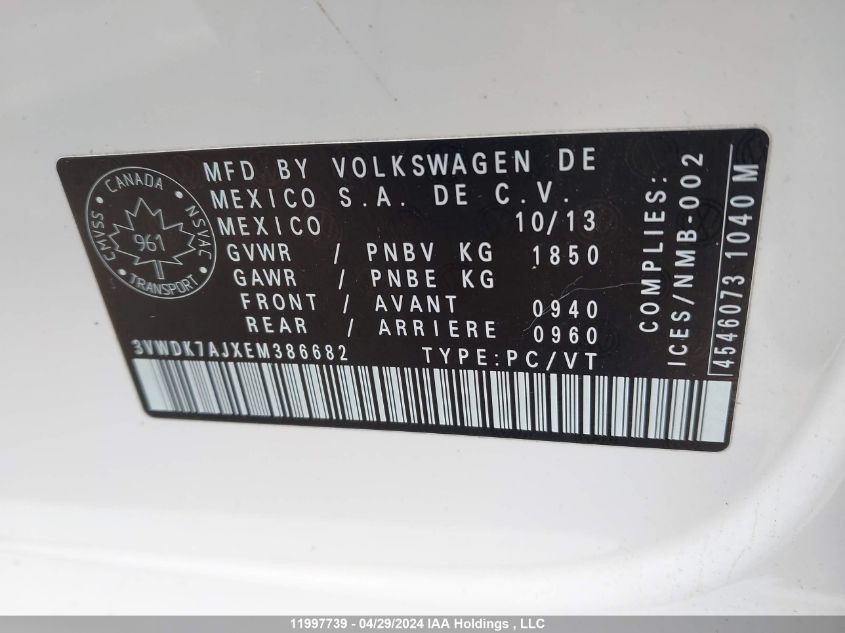 2014 Volkswagen Jetta Sedan VIN: 3VWDK7AJXEM386682 Lot: 11997739