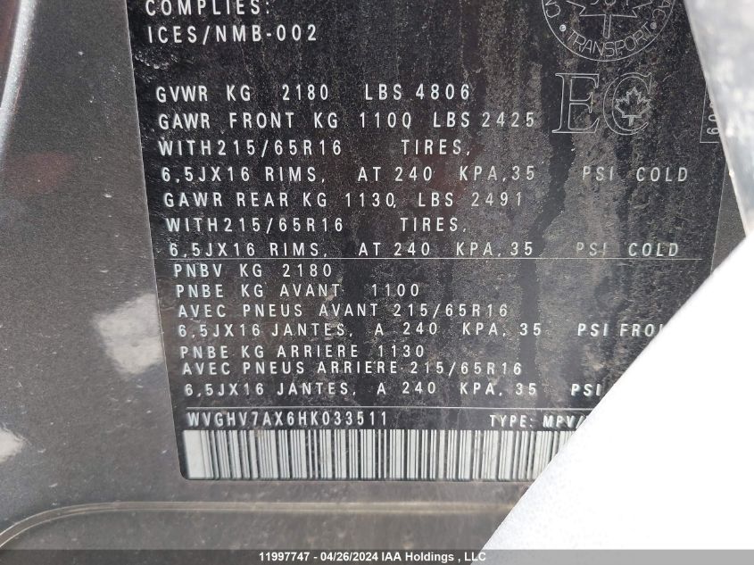 2017 Volkswagen Tiguan VIN: WVGHV7AX6HK033511 Lot: 11997747