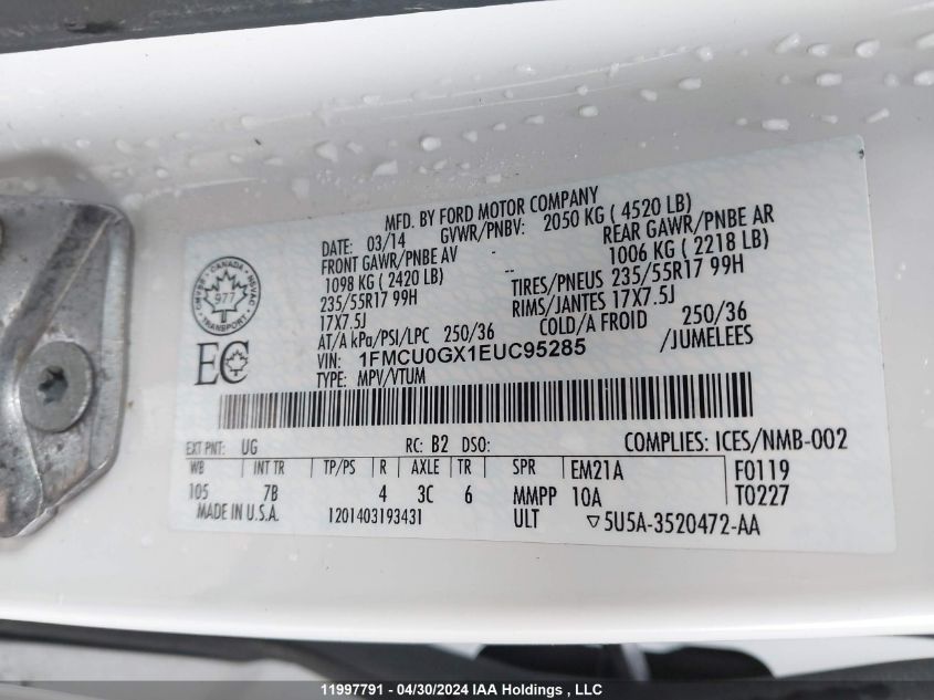 2014 Ford Escape Se VIN: 1FMCU0GX1EUC95285 Lot: 11997791