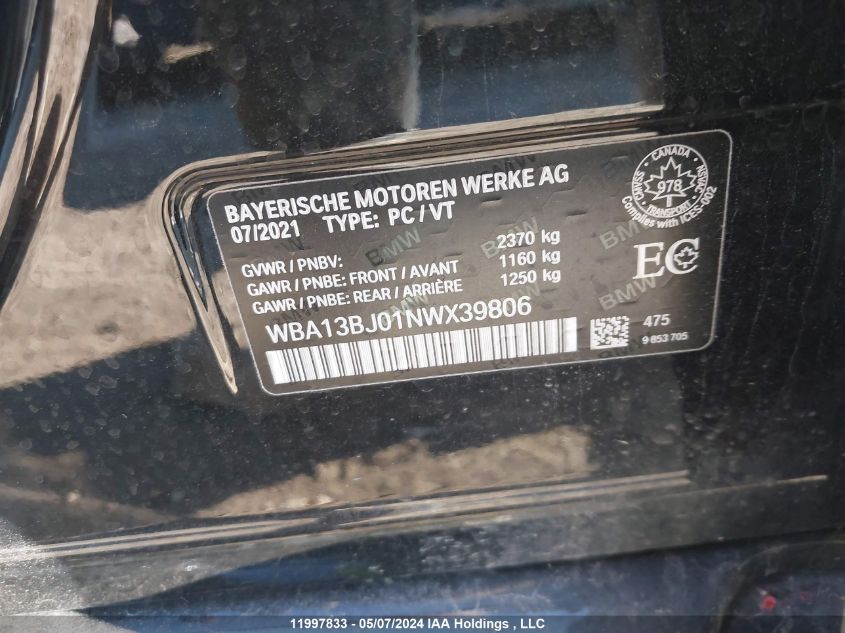 2022 BMW 5 Series VIN: WBA13BJ01NWX39806 Lot: 11997833