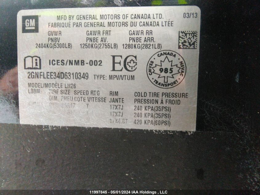 2013 Chevrolet Equinox Lt VIN: 2GNFLEE34D6310349 Lot: 11997845