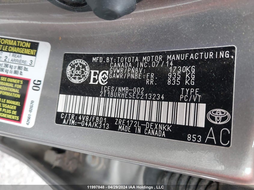 2014 Toyota Corolla L/Le/Le Pls/Prm/S/S Pls VIN: 2T1BURHE5EC213234 Lot: 11997848