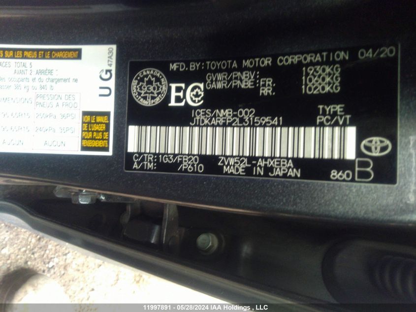 2020 Toyota Prius Prime Le/Xle/Limited VIN: JTDKARFP2L3159541 Lot: 11997891