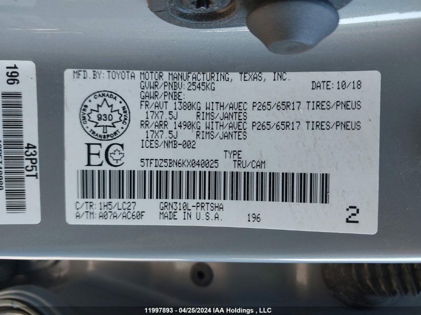 2019 Toyota Tacoma Double Cab/Sr5/Trd Sport/Trd Off Road VIN: 5TFDZ5BN6KX040025 Lot: 11997893