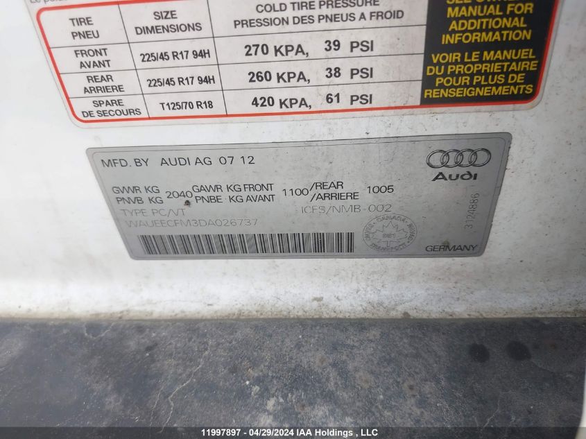 2013 Audi A3 VIN: WAUEECFM3DA026737 Lot: 11997897