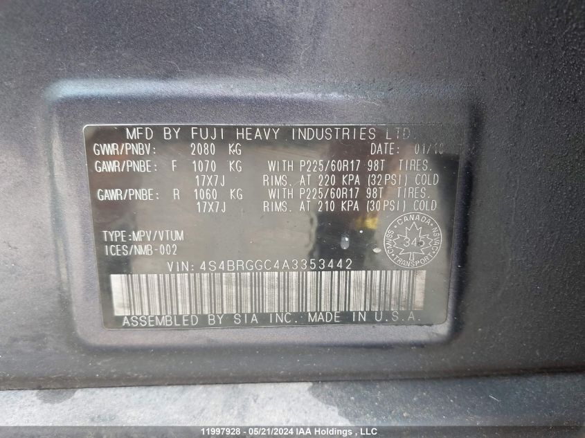 2010 Subaru Outback Premium VIN: 4S4BRGGC4A3353442 Lot: 11997928