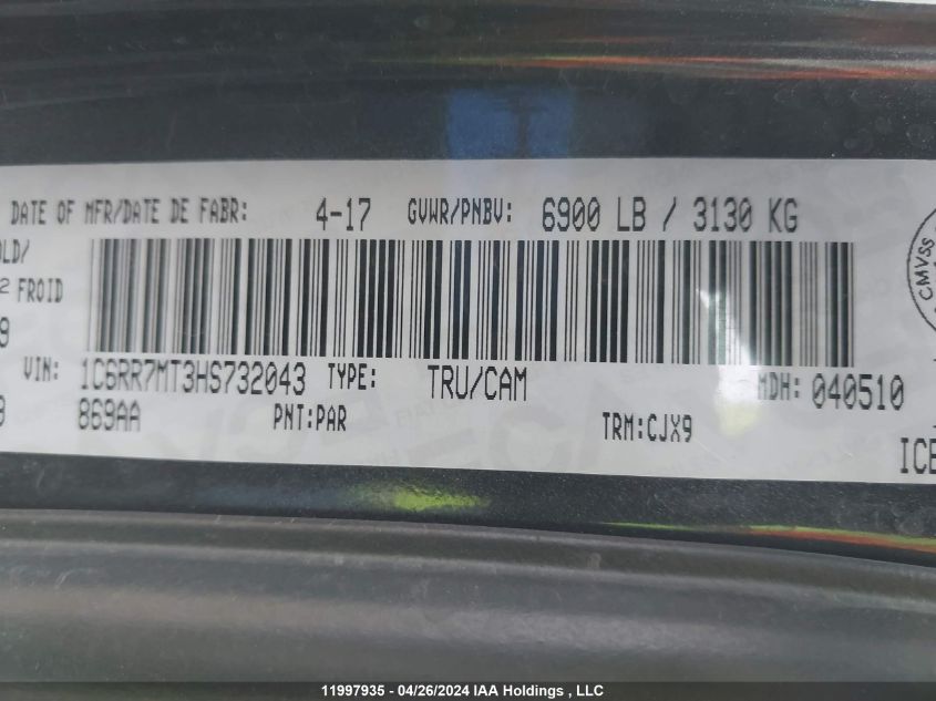 2017 Ram 1500 Sport VIN: 1C6RR7MT3HS732043 Lot: 11997935