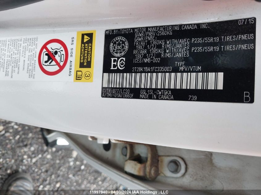 2015 Lexus Rx 350 Sportdesign VIN: 2T2BK1BA1FC335003 Lot: 11997940